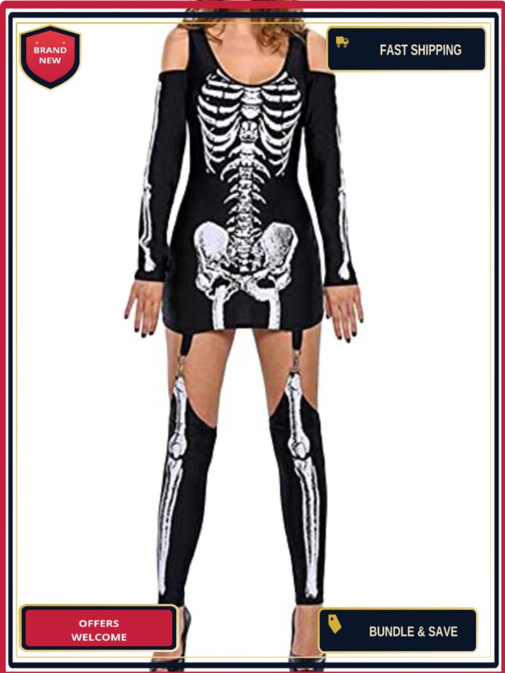 Women's Skeleton Print Cold Shoulder Long Sleeve Scoop Neck Dress with Stockings
